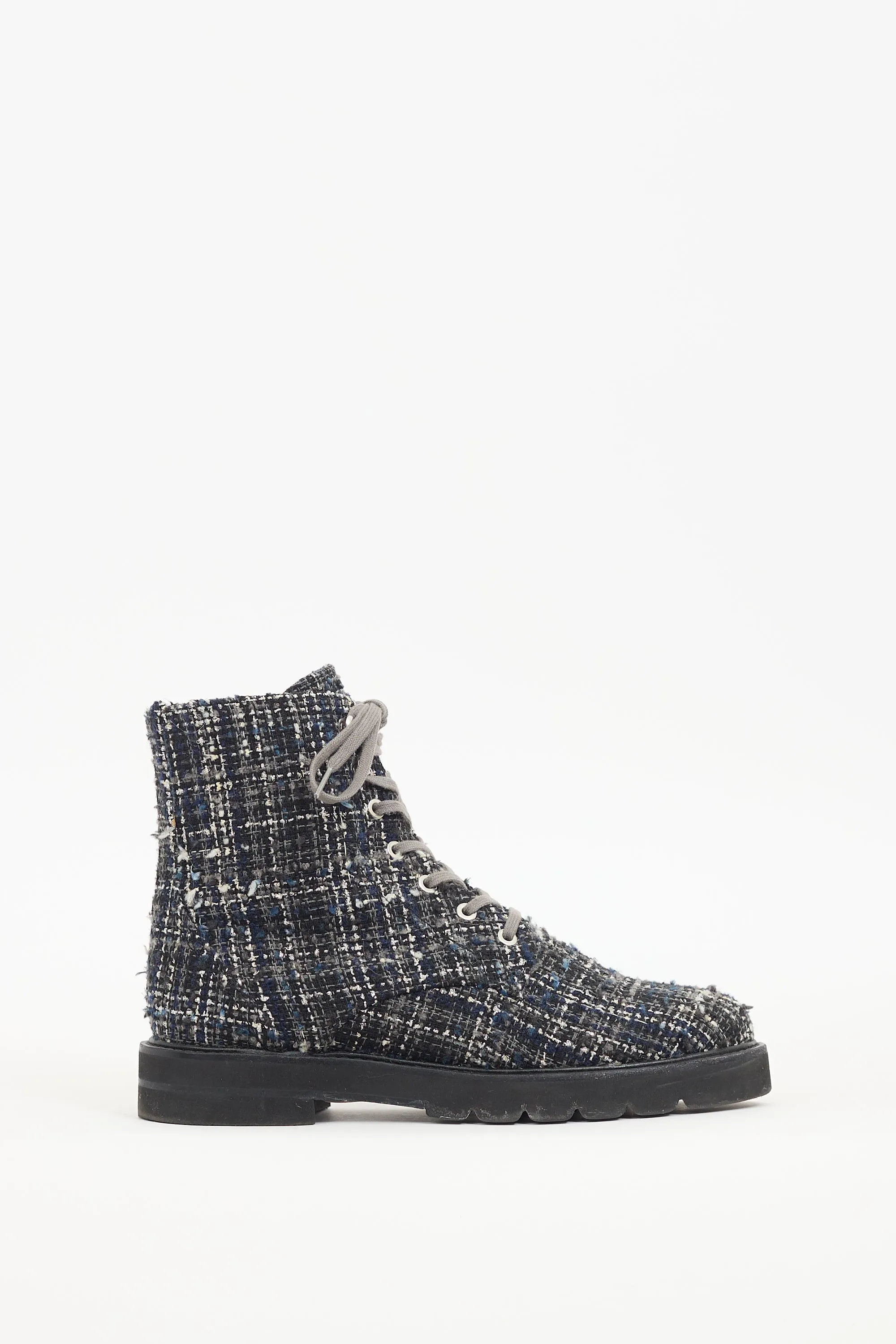 Navy & White Tweed Combat Boot