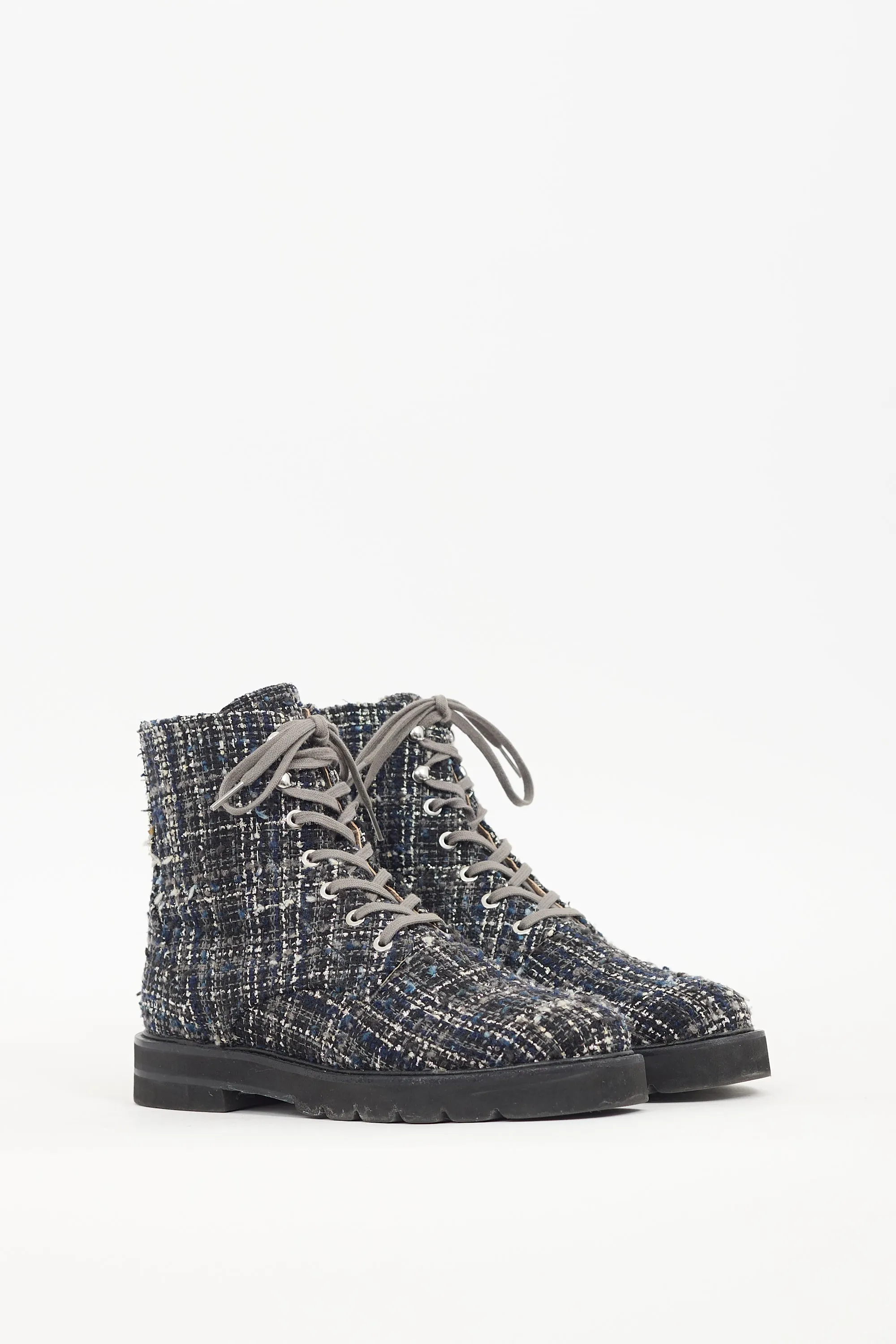 Navy & White Tweed Combat Boot