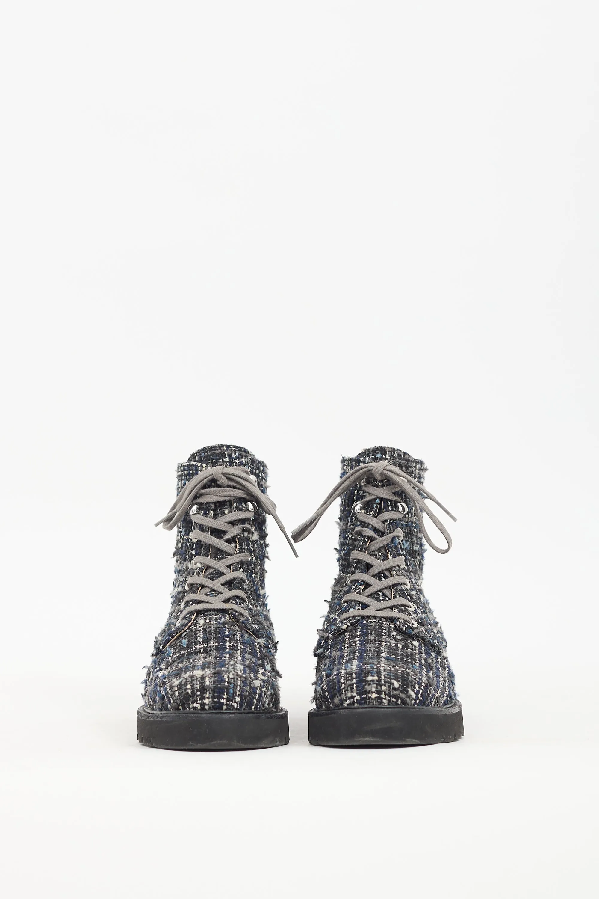 Navy & White Tweed Combat Boot