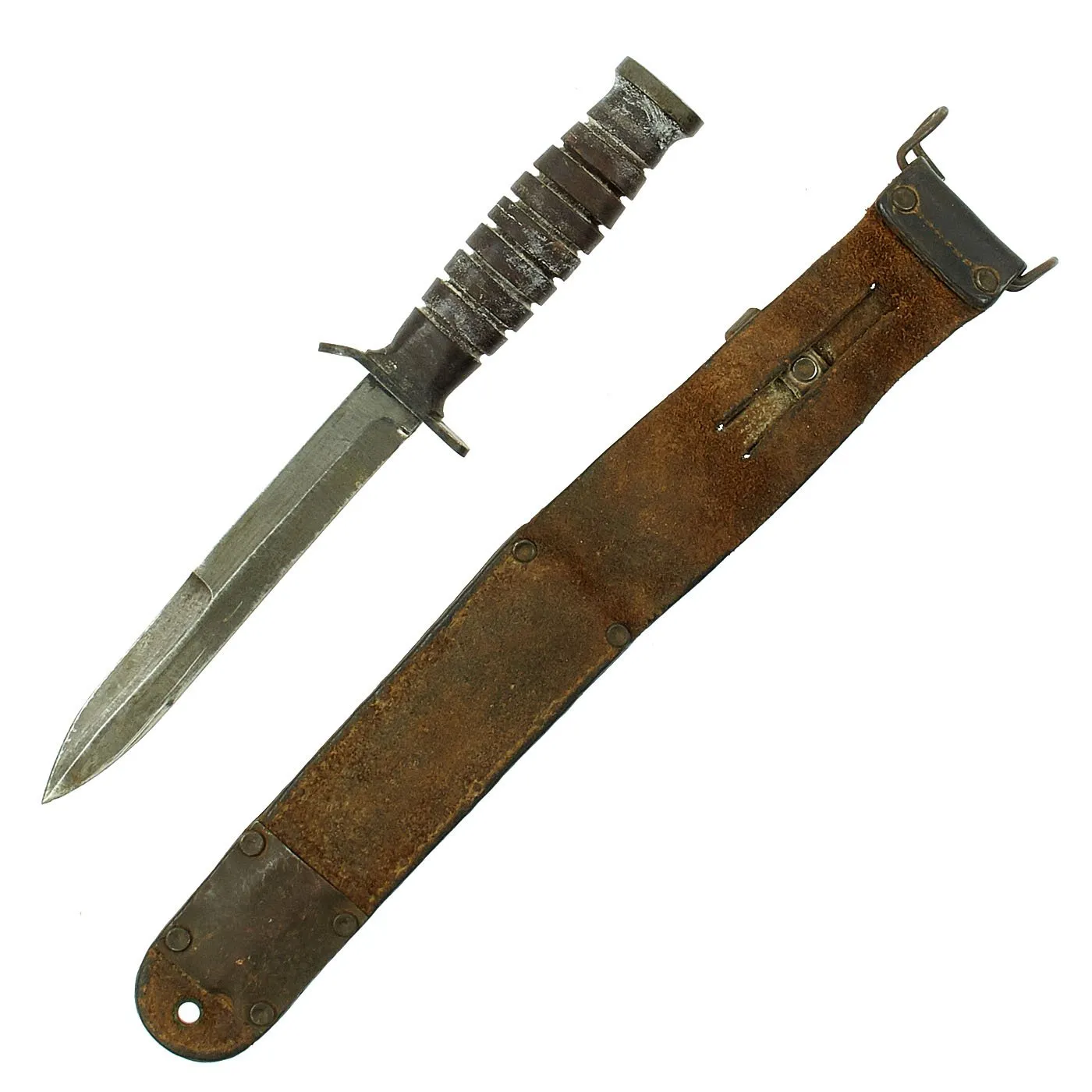 Original U.S. WWII M3 Fighting Knife by Utica Cutlery with Rare S.B.L. Co. M6 1943 dated Leather Scabbard