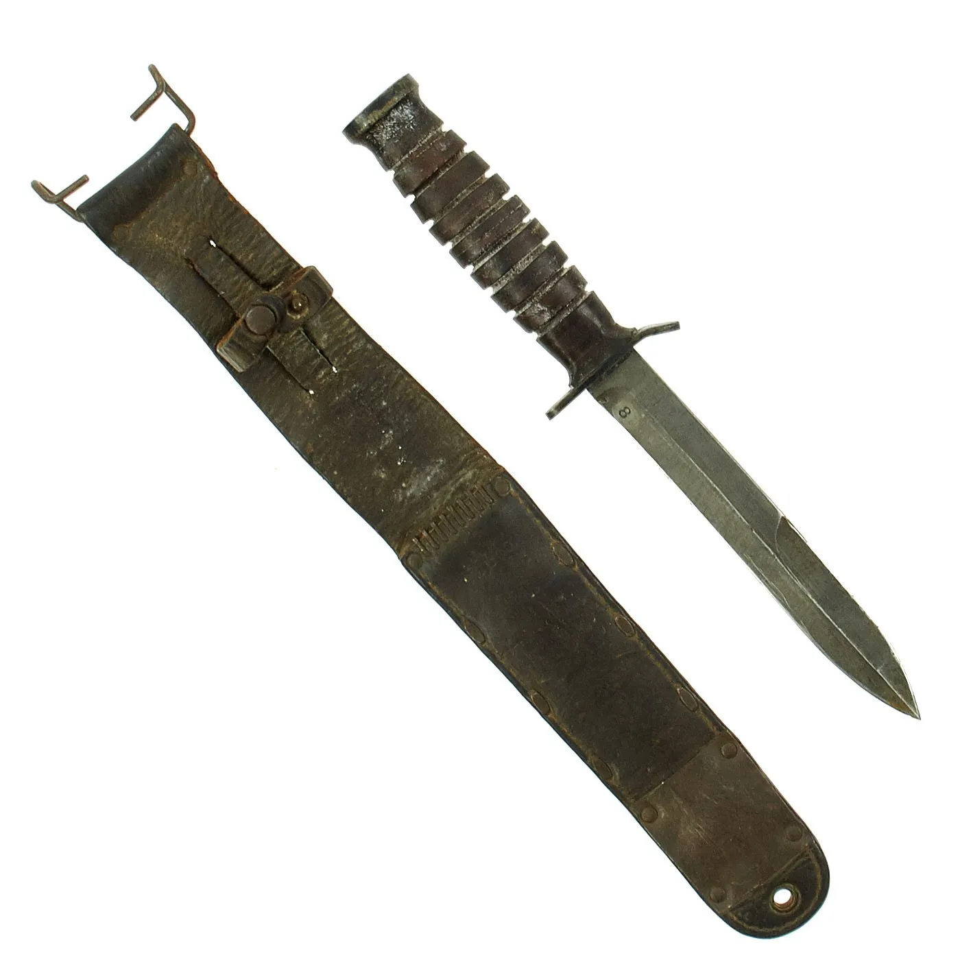 Original U.S. WWII M3 Fighting Knife by Utica Cutlery with Rare S.B.L. Co. M6 1943 dated Leather Scabbard