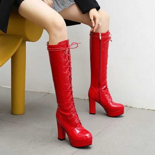 Patent leather chunky heels knee high combat boots knight boots lolita boots