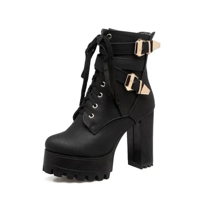 Platform chunky high heels combat boots with buckles