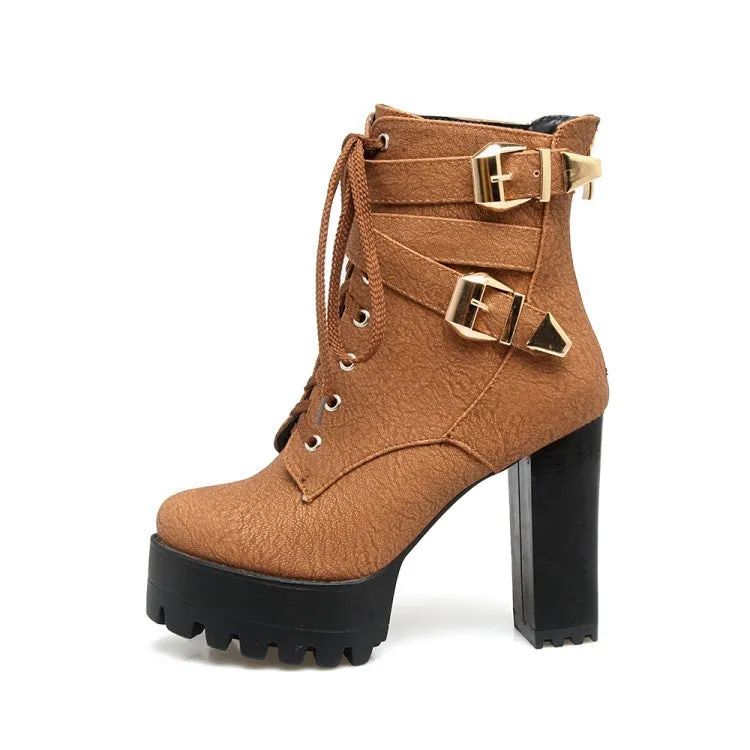 Platform chunky high heels combat boots with buckles