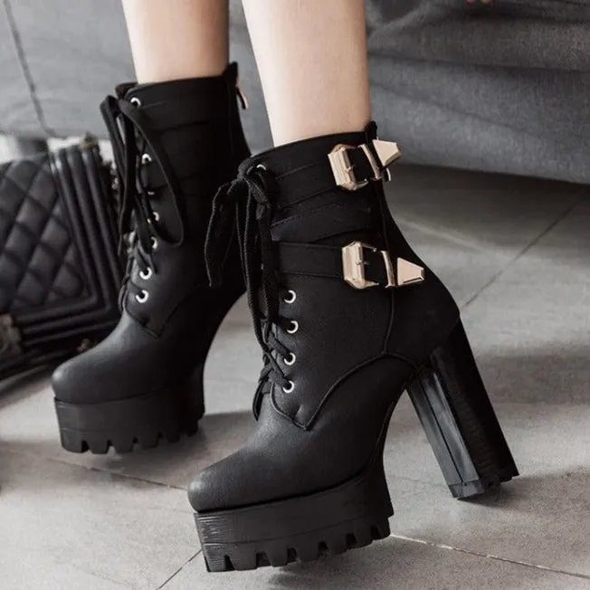 Platform chunky high heels combat boots with buckles