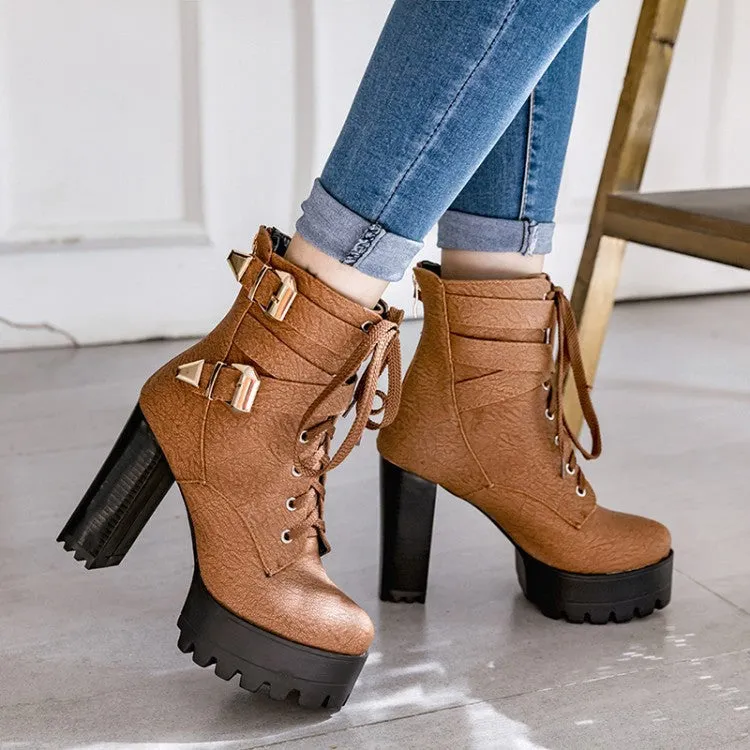 Platform chunky high heels combat boots with buckles