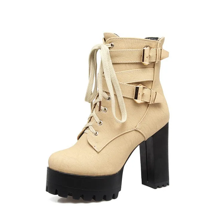 Platform chunky high heels combat boots with buckles