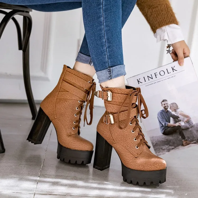 Platform chunky high heels combat boots with buckles