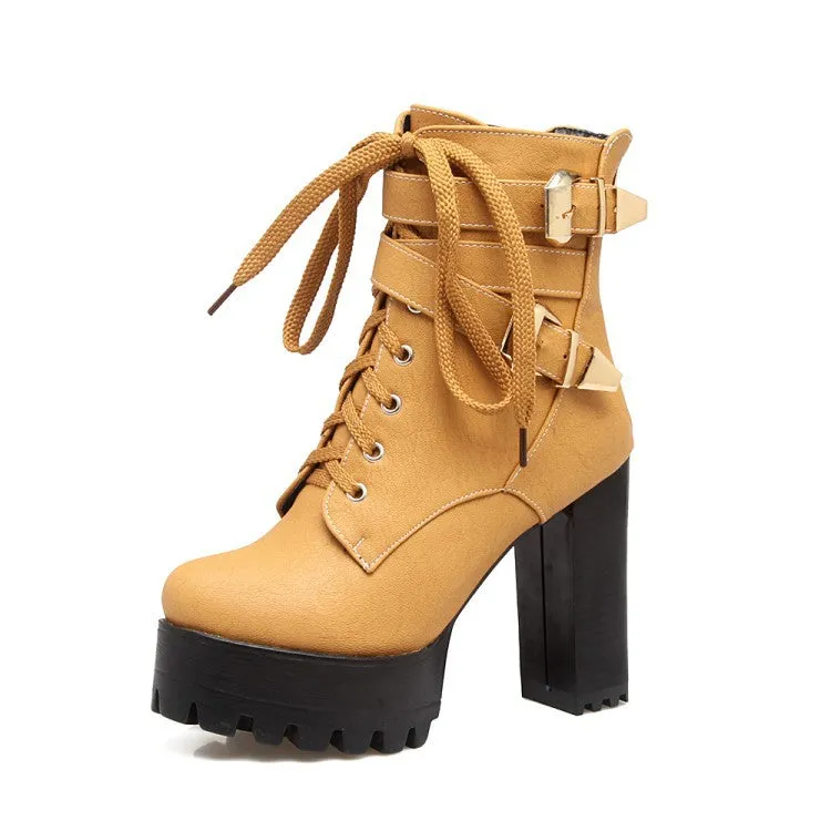 Platform chunky high heels combat boots with buckles