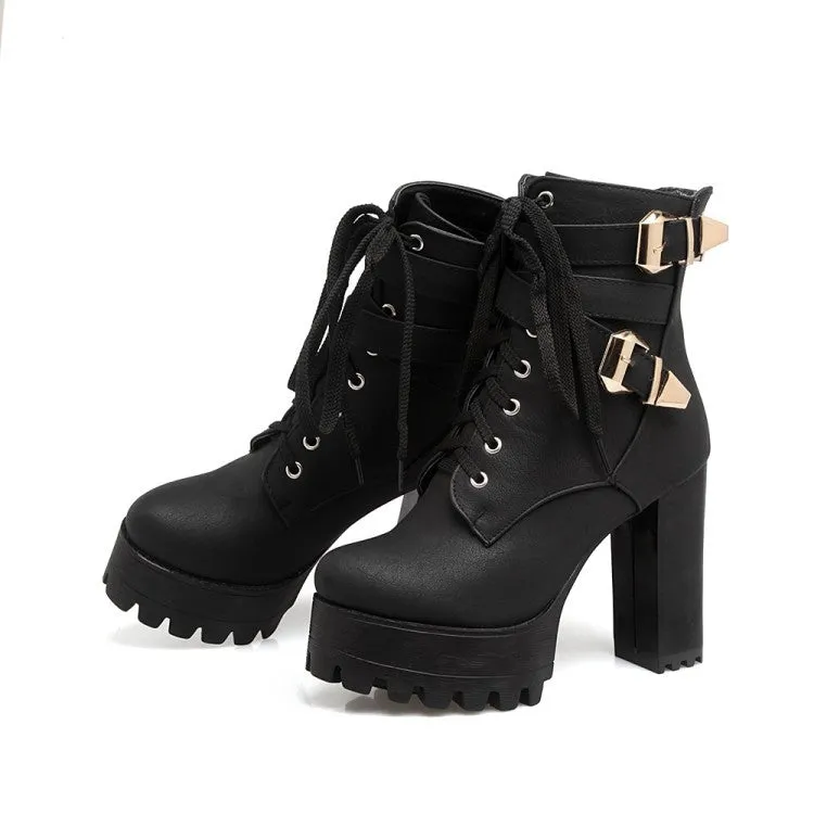 Platform chunky high heels combat boots with buckles