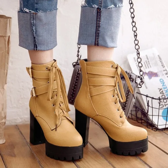 Platform chunky high heels combat boots with buckles