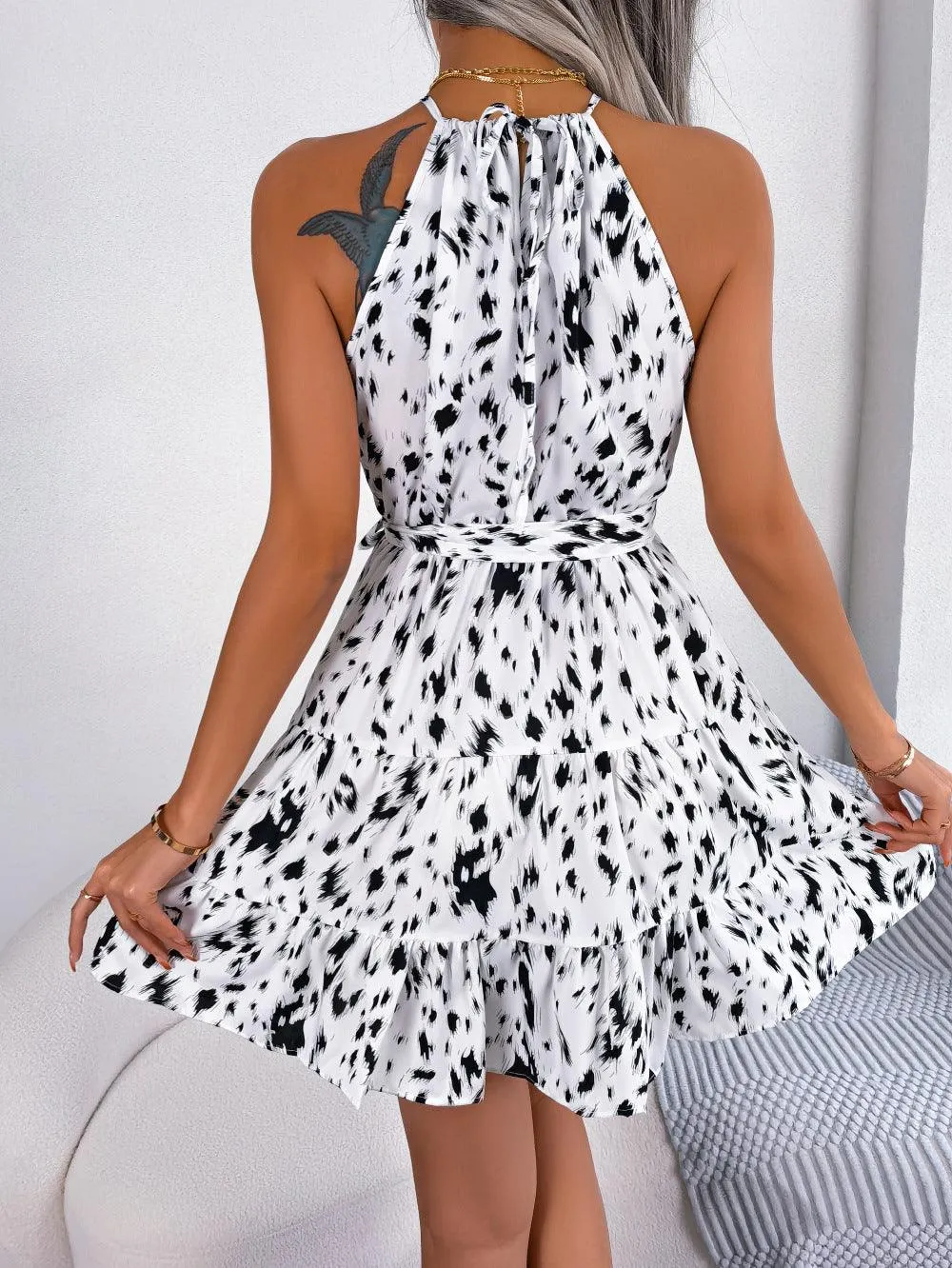 Printed Tie Waist Sleeveless Mini Dress