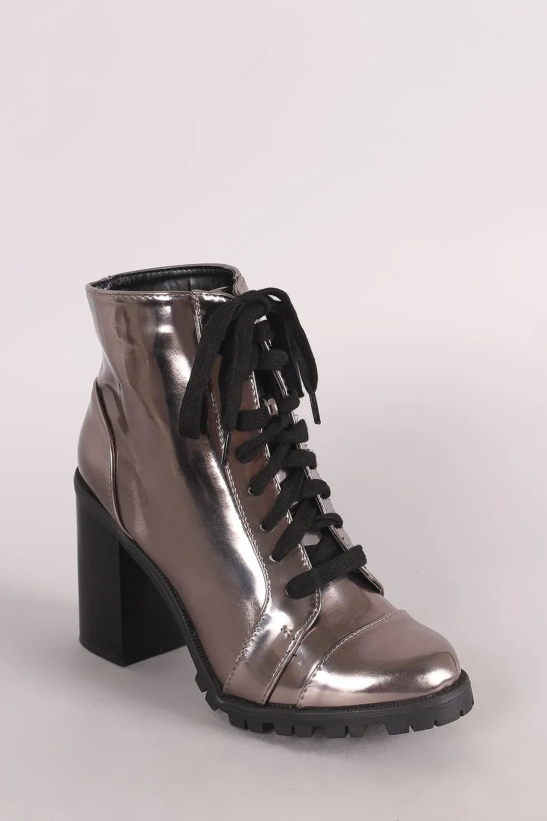 Qupid Patent Chunky Heeled Combat Lace-Up Ankle Boots