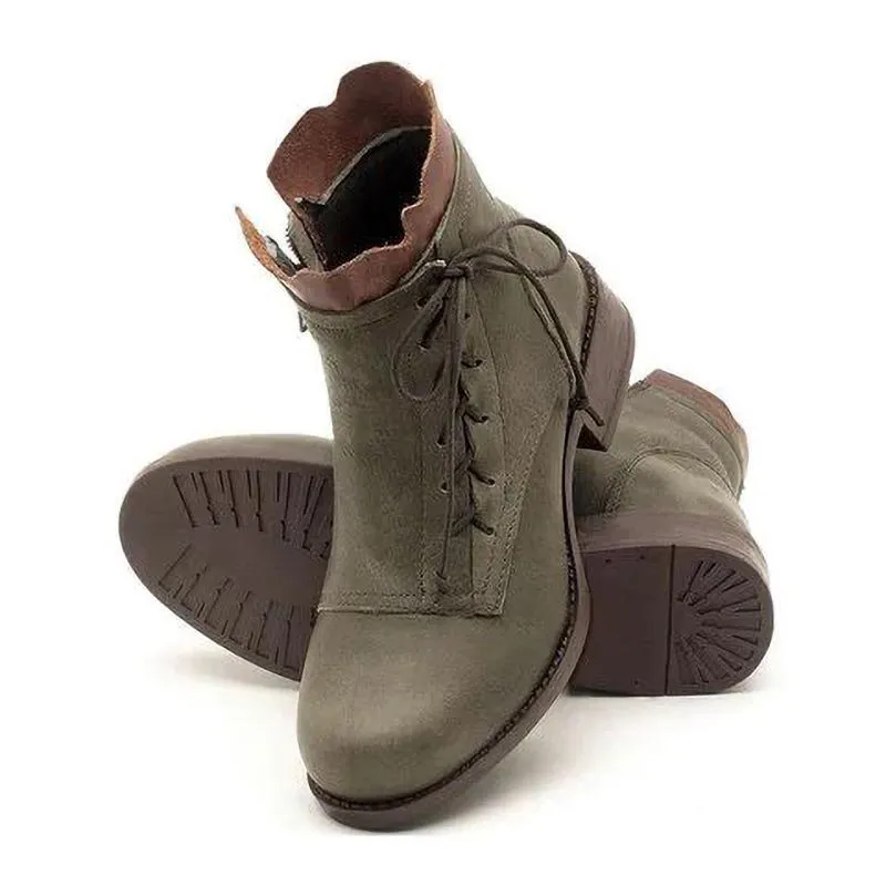 Retro lace-up ankle boots with zippers women's block heel round toe boots all season daily boots