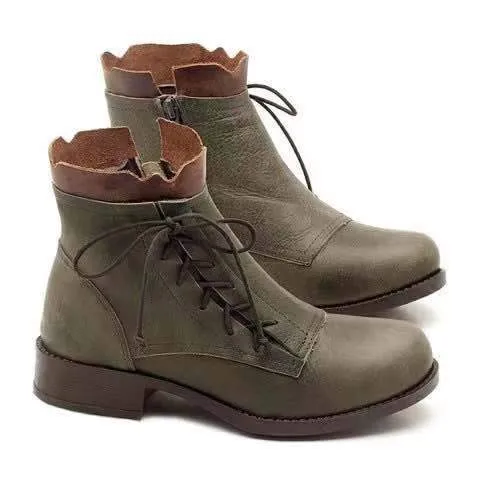 Retro lace-up ankle boots with zippers women's block heel round toe boots all season daily boots