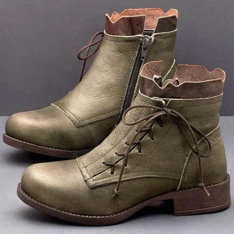 Retro lace-up ankle boots with zippers women's block heel round toe boots all season daily boots