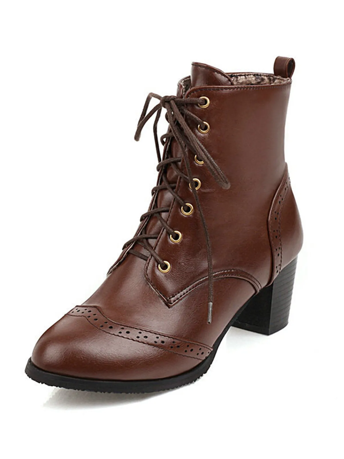 Retro Leather Medium Heel Lace-Up Combat Boots