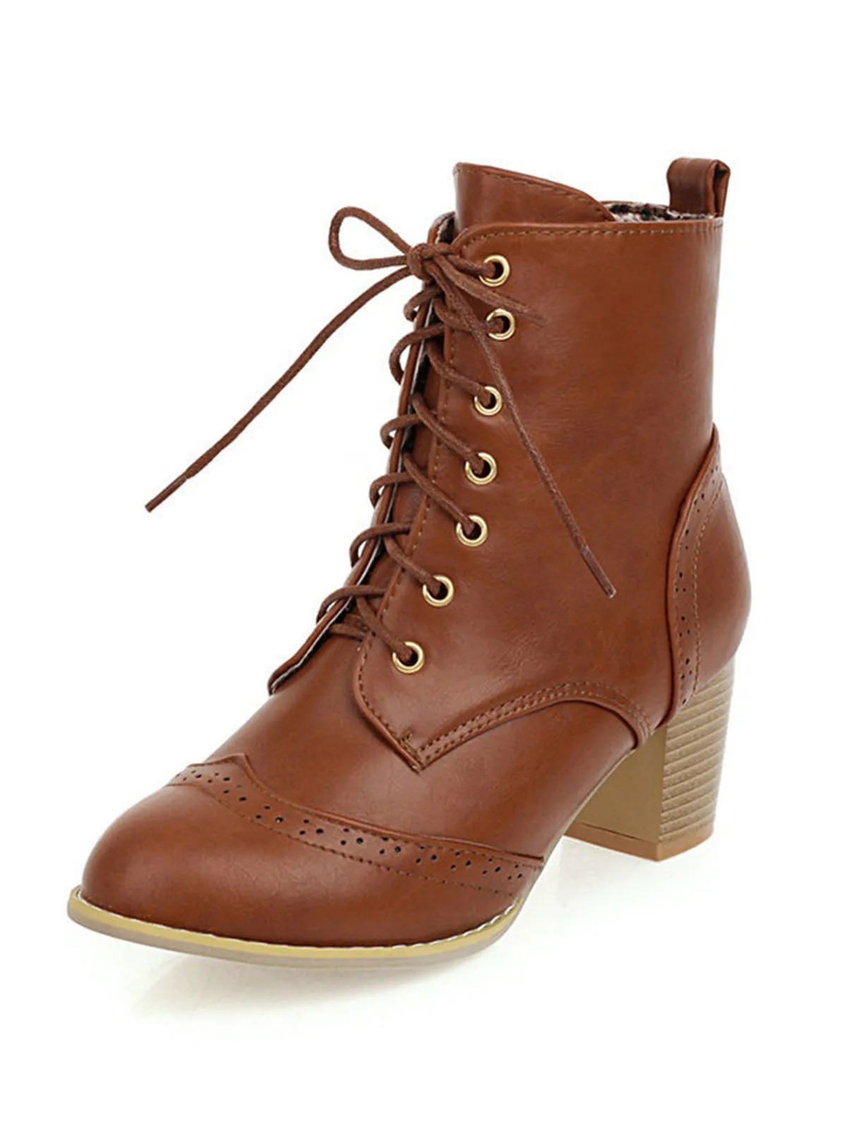 Retro Leather Medium Heel Lace-Up Combat Boots