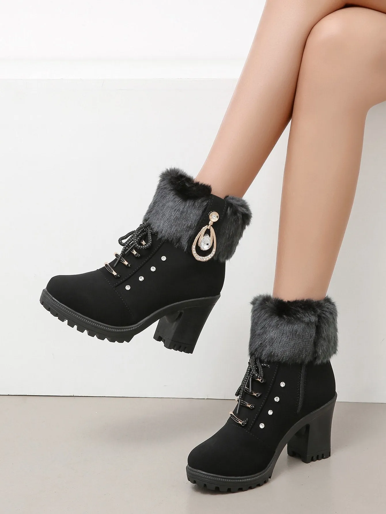 Rhinestone Decor Chunky Heeled Fuzzy Combat Boots