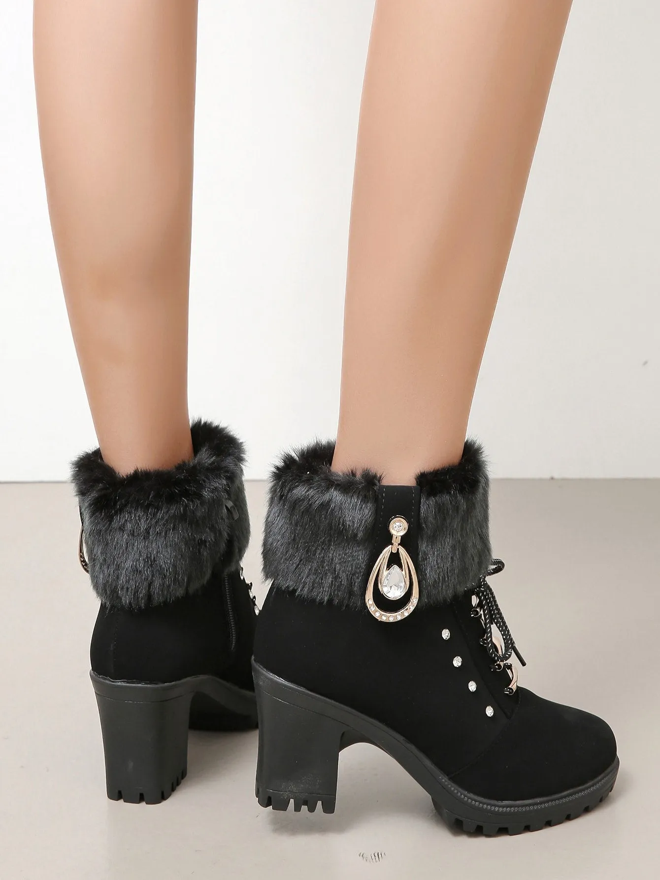 Rhinestone Decor Chunky Heeled Fuzzy Combat Boots