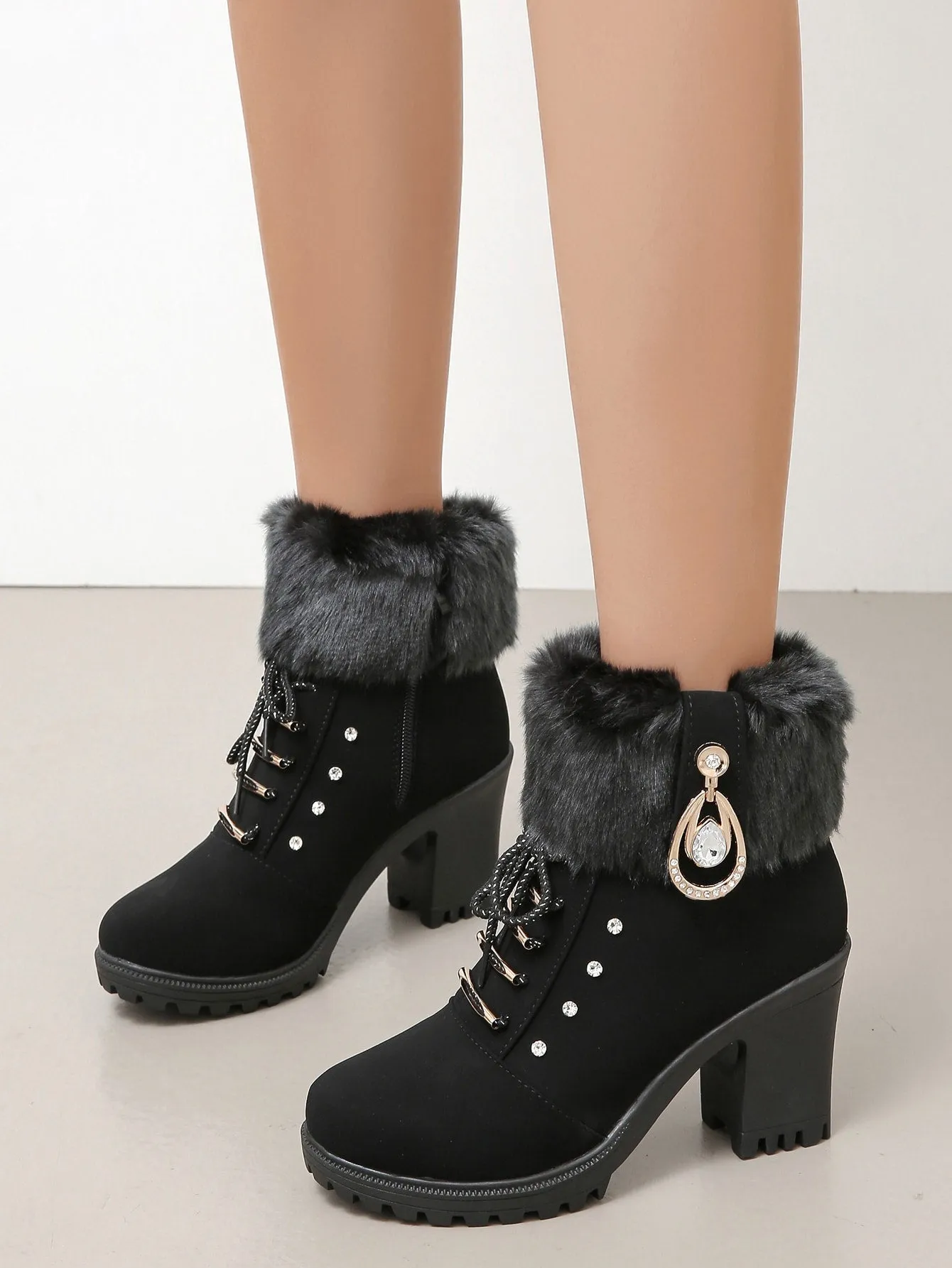 Rhinestone Decor Chunky Heeled Fuzzy Combat Boots