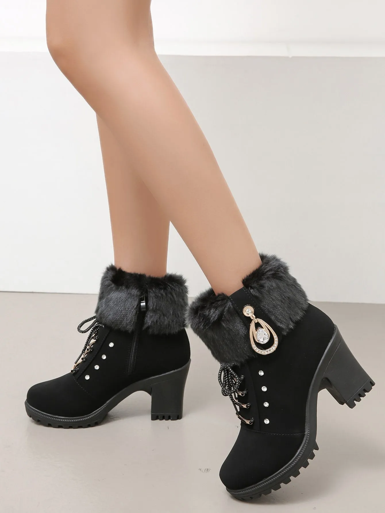 Rhinestone Decor Chunky Heeled Fuzzy Combat Boots