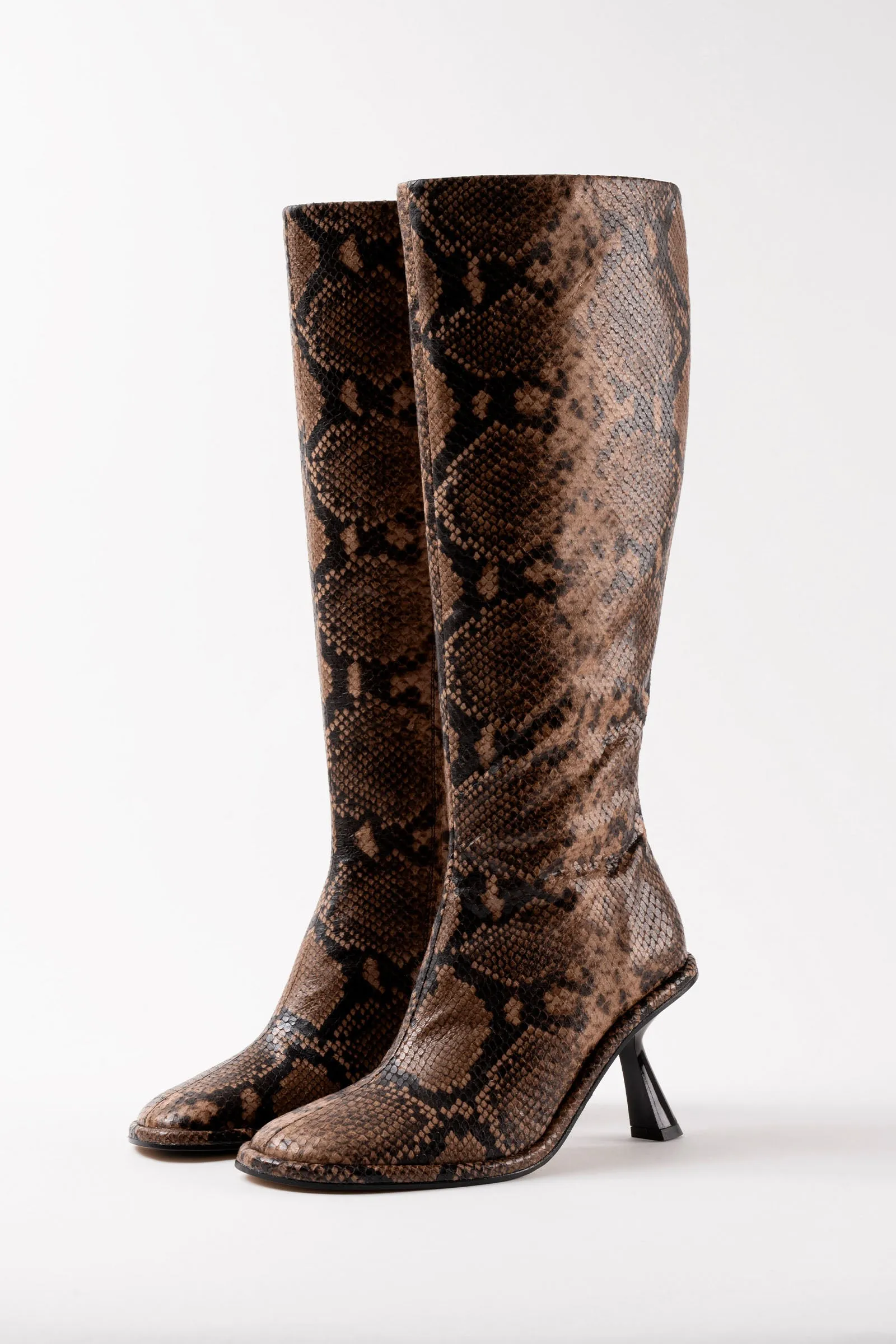 RIANA - Dark Brown Python Leather Knee High Boots