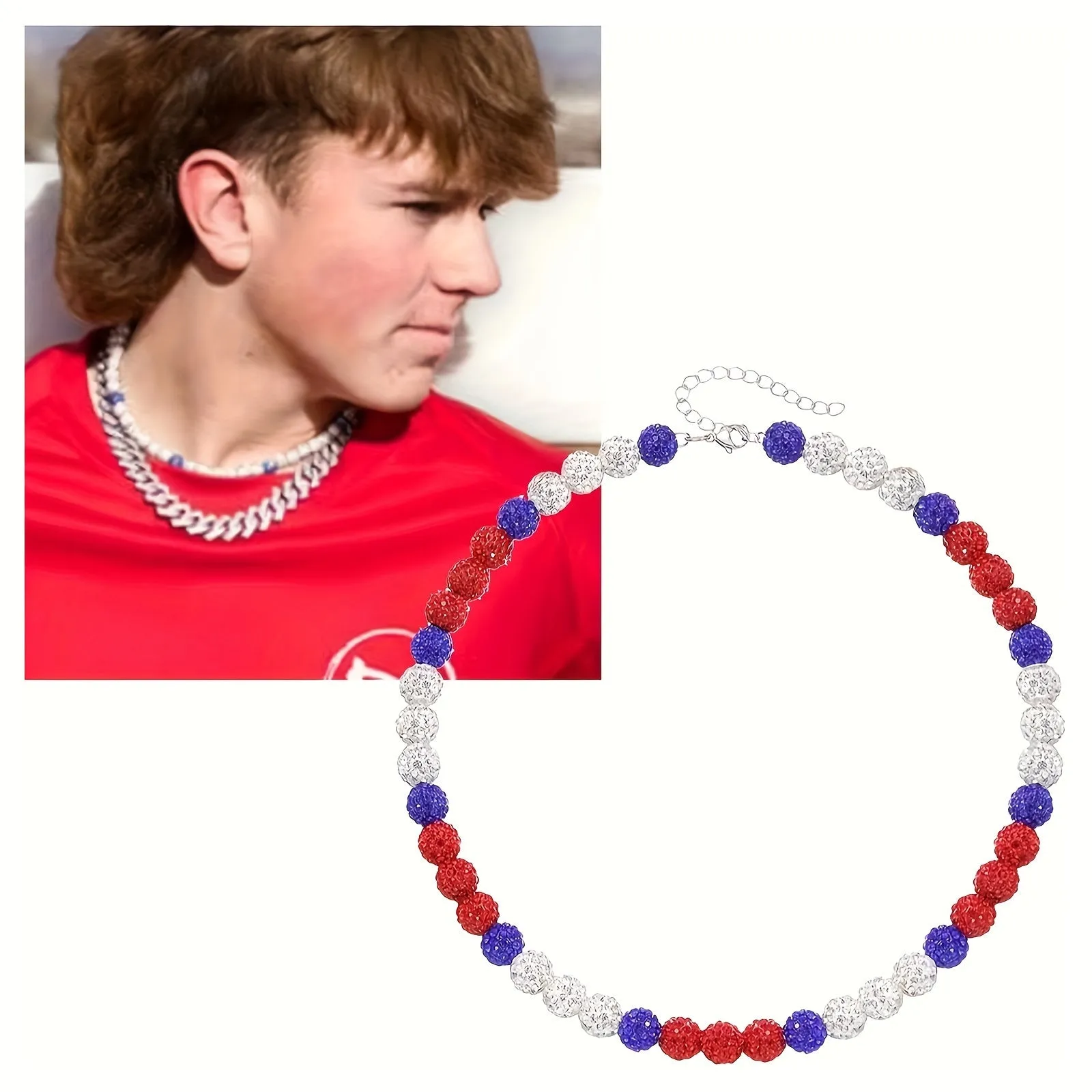 Shimmering Patriotic Baseball Necklace - 18-inch Crystal Bling Design - Fashion-Forward Sports Fan Accessory for Game Days and Everyday Style