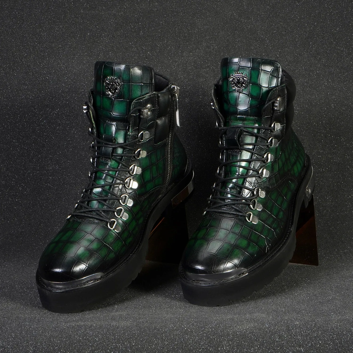 Smokey Finish Chunky Boot in Green Deep Cut Leather