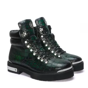 Smokey Finish Chunky Boot in Green Deep Cut Leather