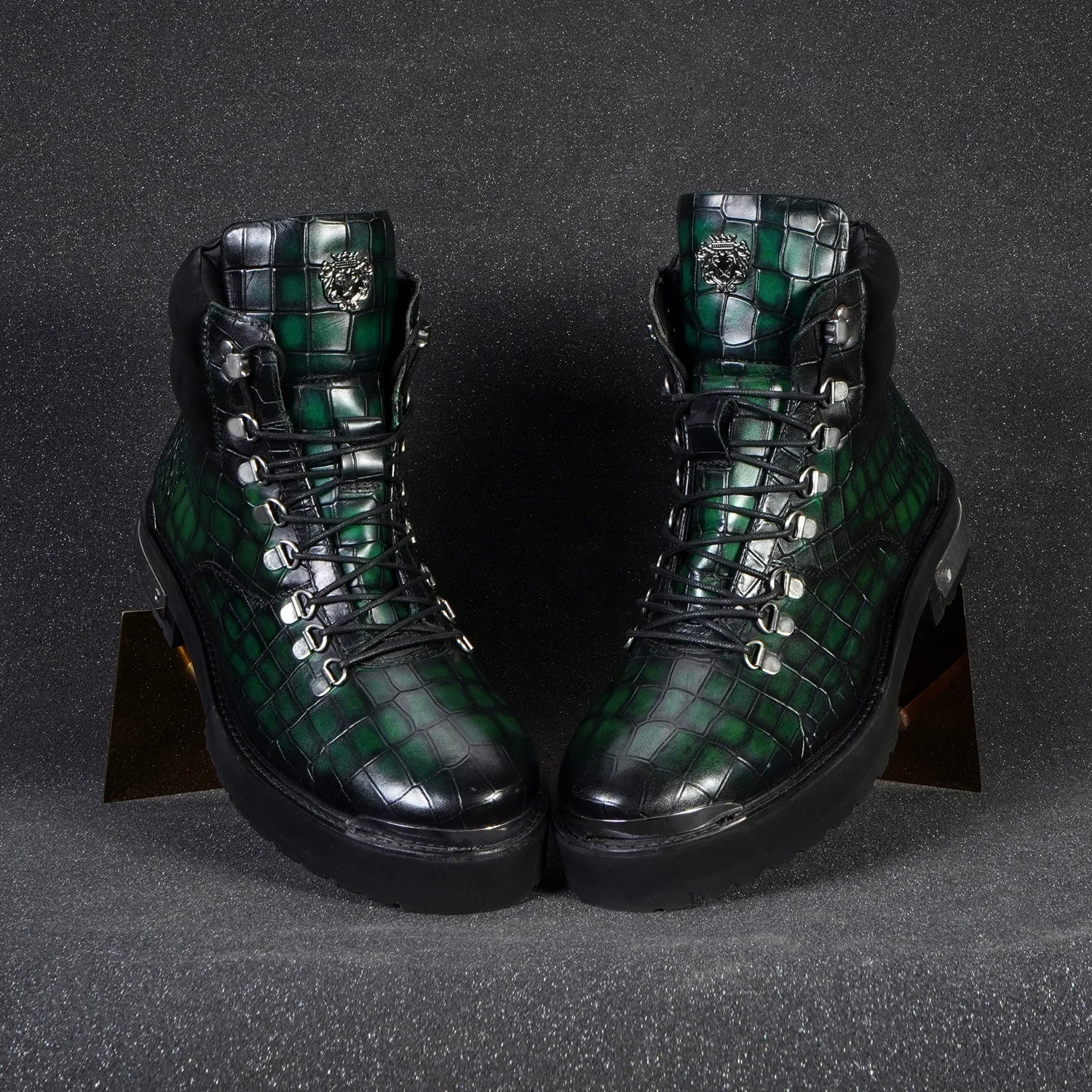 Smokey Finish Chunky Boot in Green Deep Cut Leather