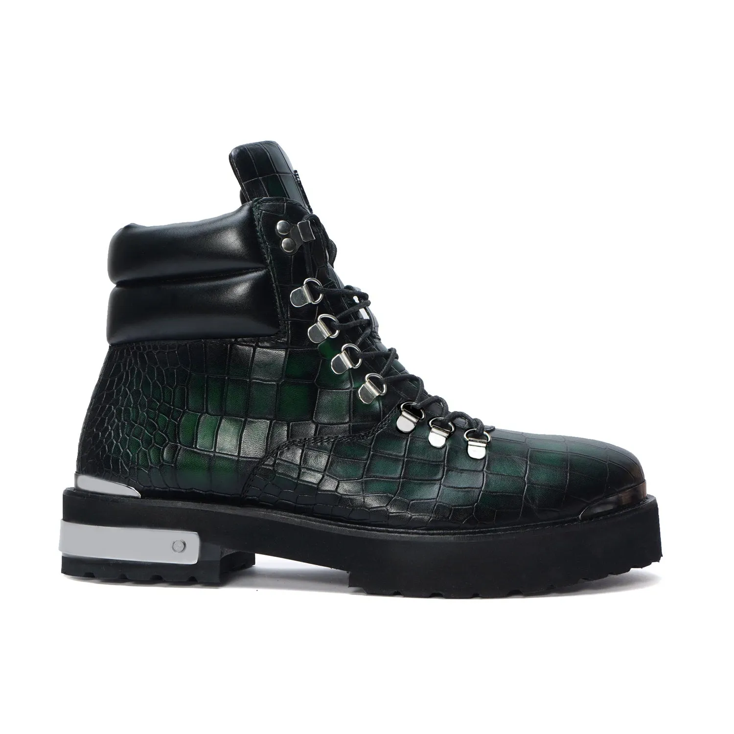 Smokey Finish Chunky Boot in Green Deep Cut Leather