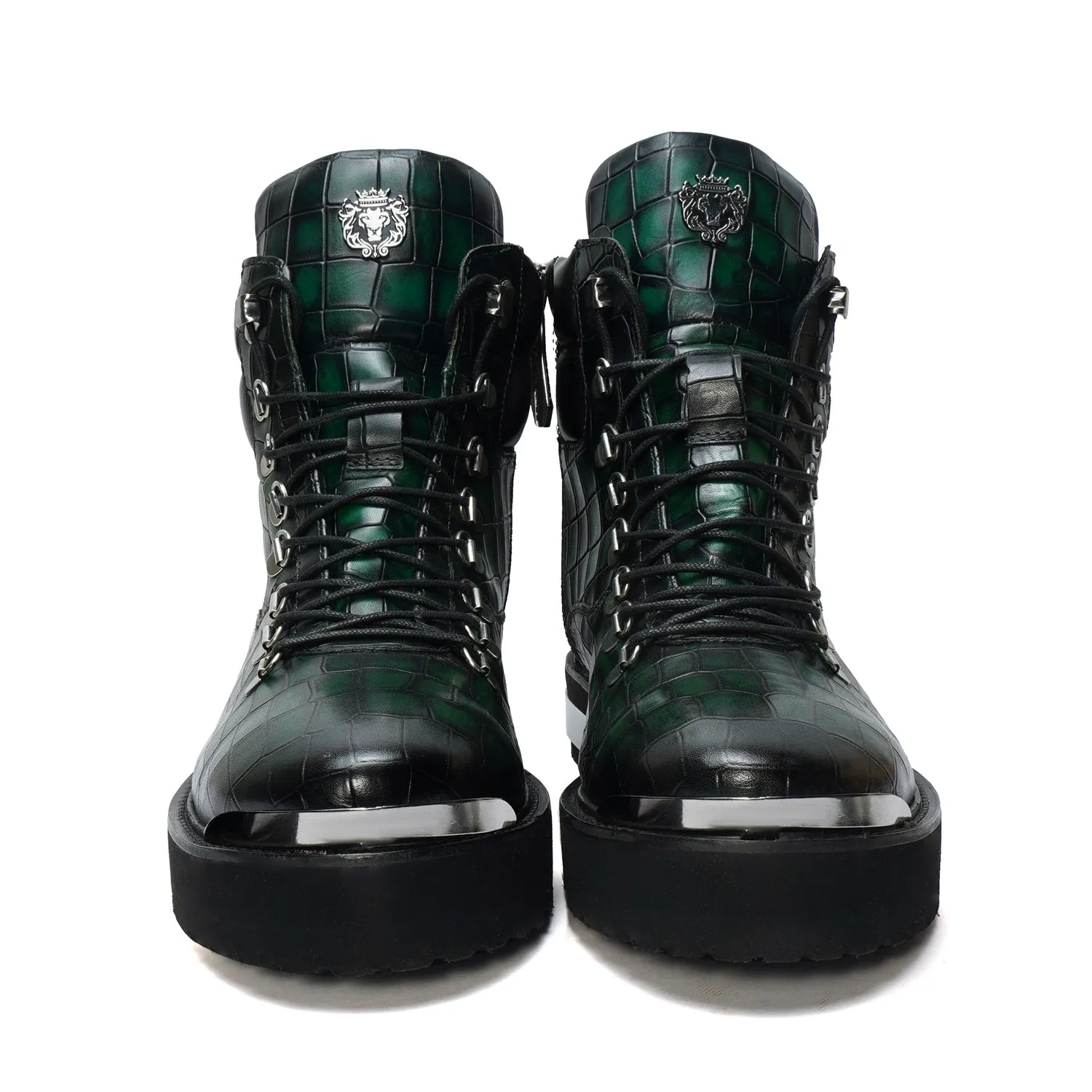 Smokey Finish Chunky Boot in Green Deep Cut Leather