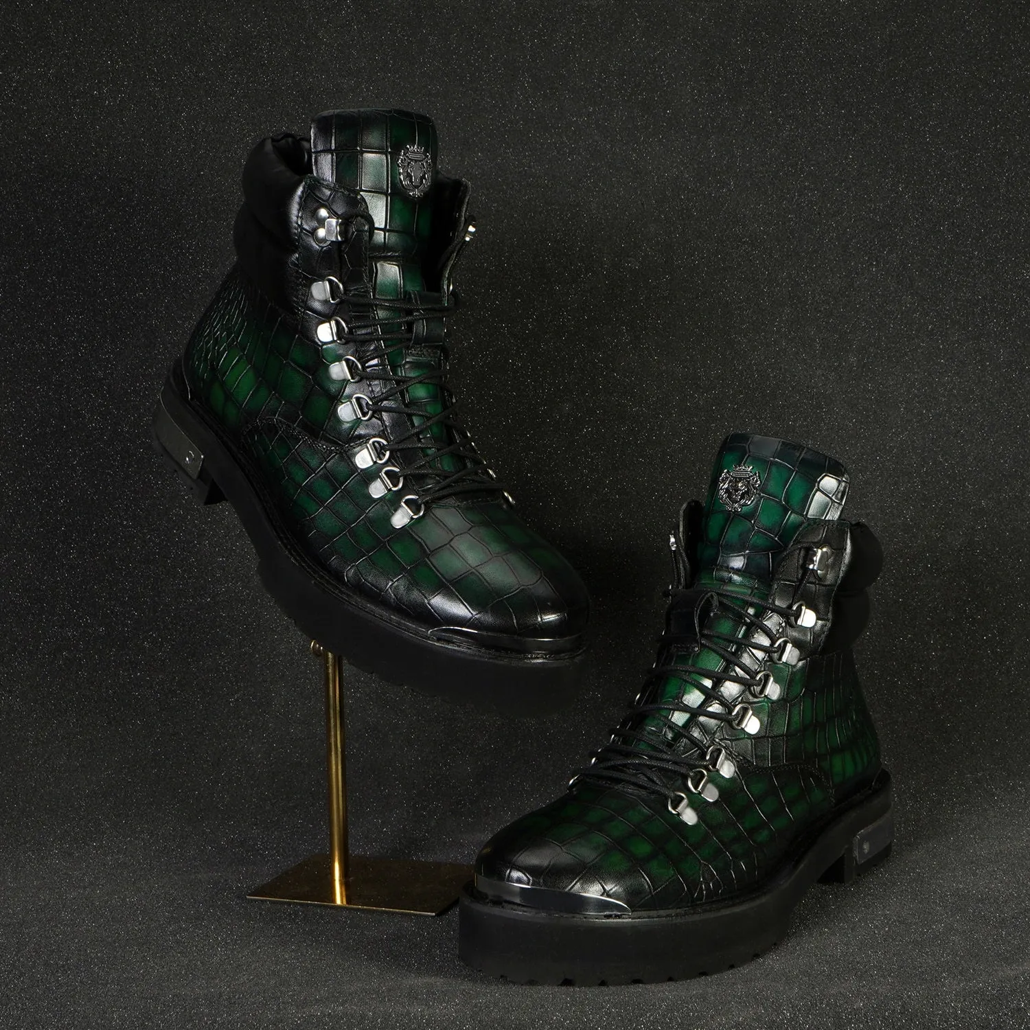 Smokey Finish Chunky Boot in Green Deep Cut Leather