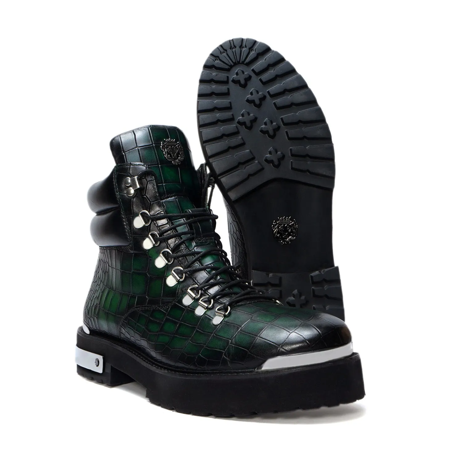 Smokey Finish Chunky Boot in Green Deep Cut Leather