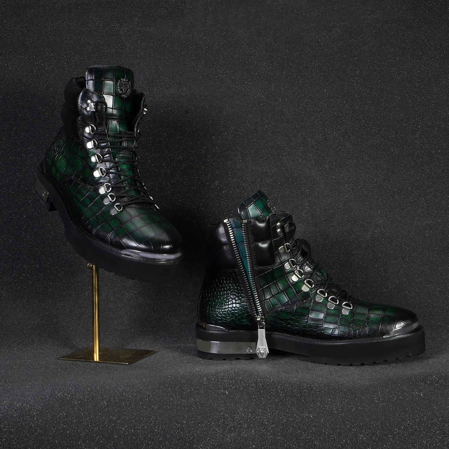 Smokey Finish Chunky Boot in Green Deep Cut Leather