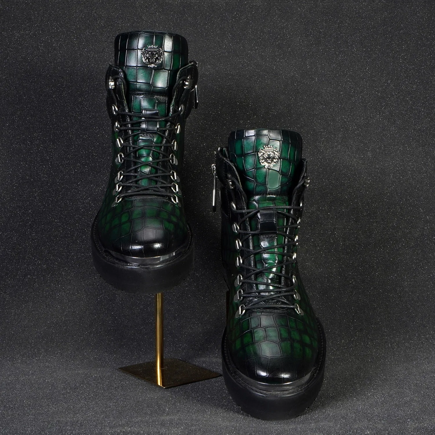 Smokey Finish Chunky Boot in Green Deep Cut Leather