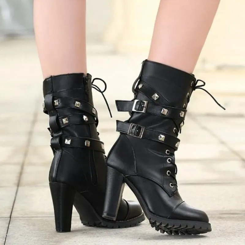 Stunning Rivet Motorcycle High Heel Ankle Boots in Black Leather