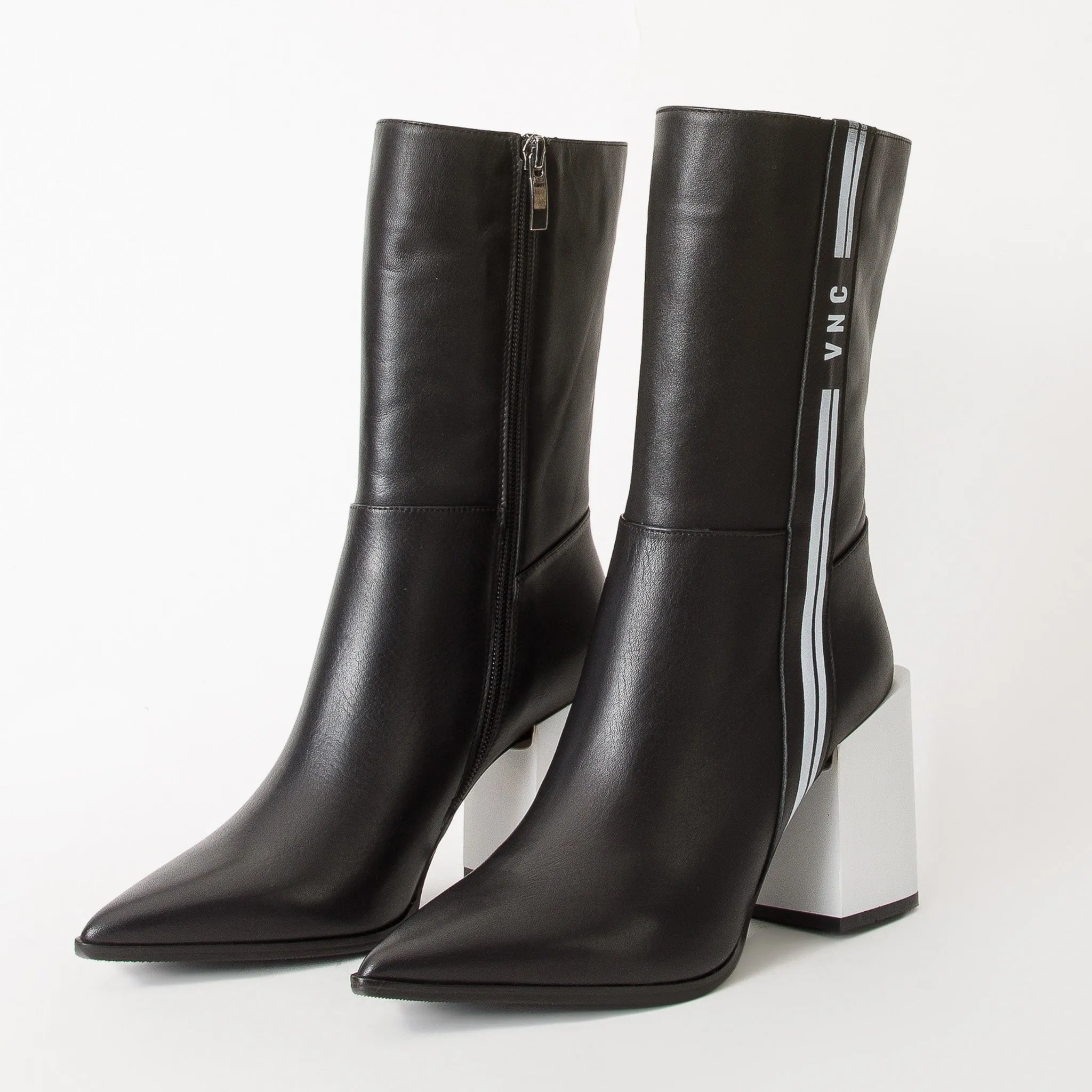 The Loretto Black Leather Block Heel Mid Calf Women Boot