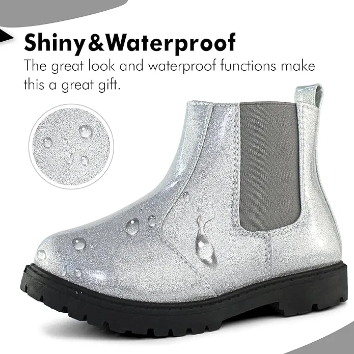 Tobfis Girls Silver Glittery Pull on Rain Boots