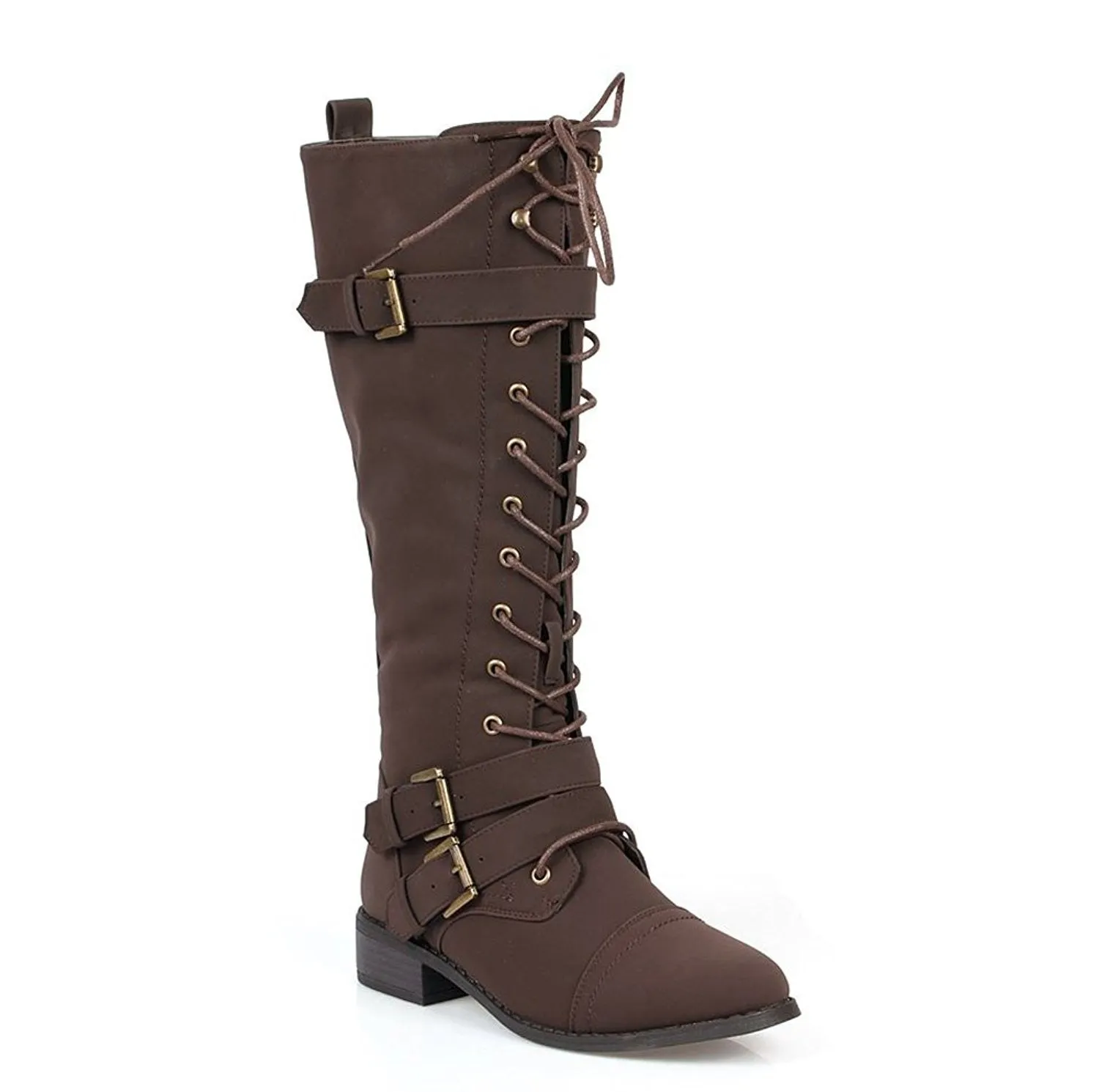 Vegan Leatherette Knee High Lace Up Harness Moto Women's Boot