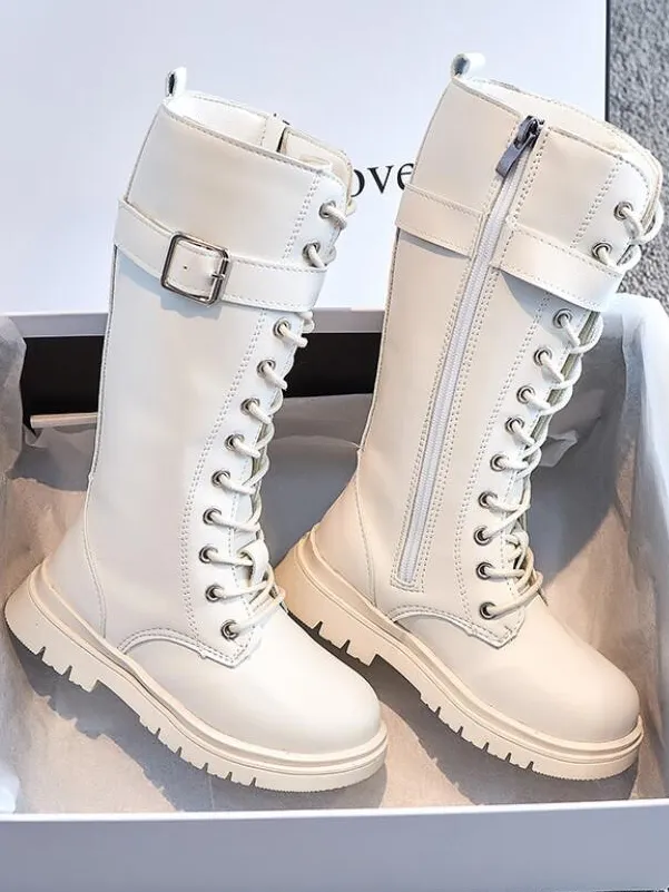 White Knee High Combat Boots By Liv and Mia