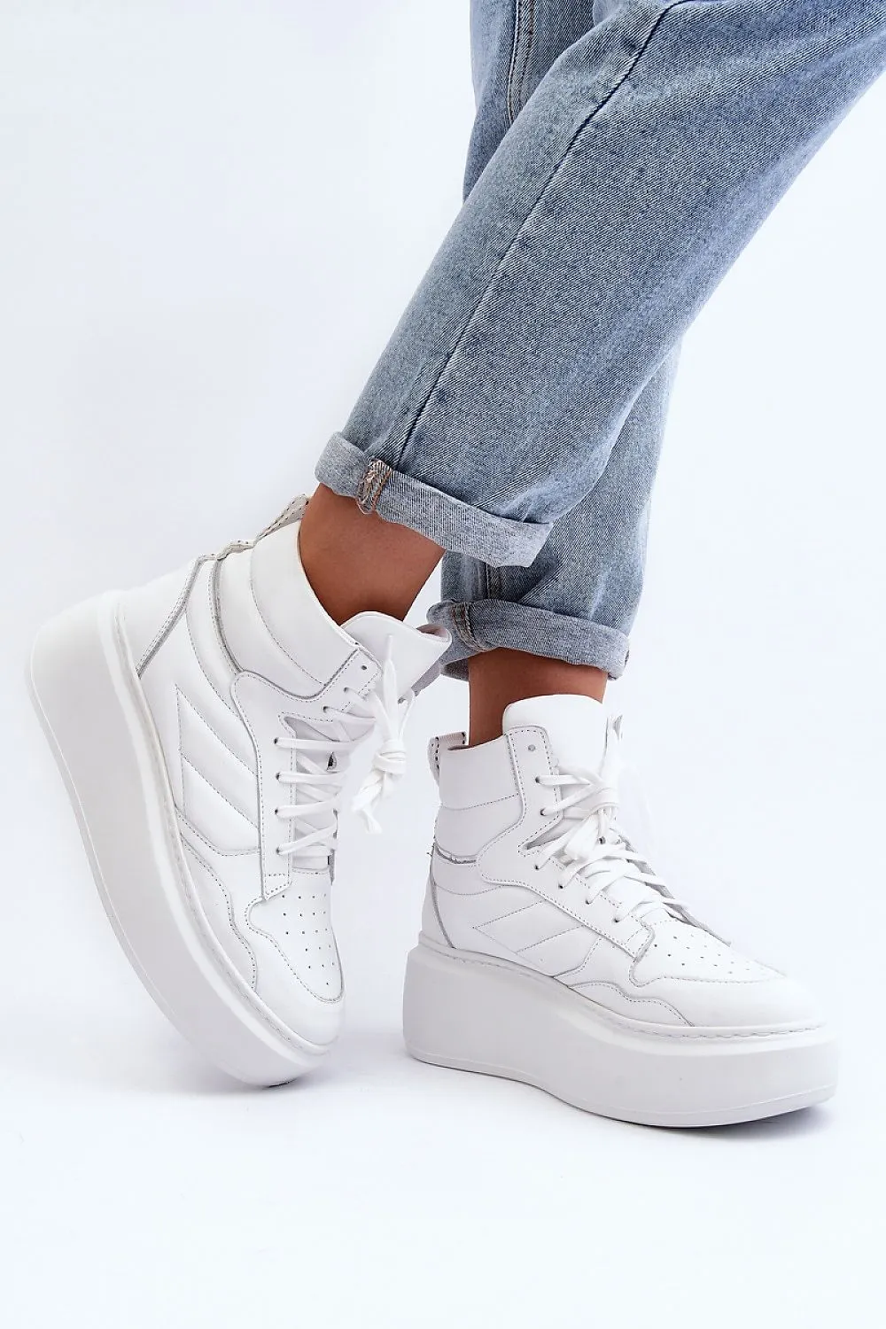 White Natural Leather High Platform Sneakers