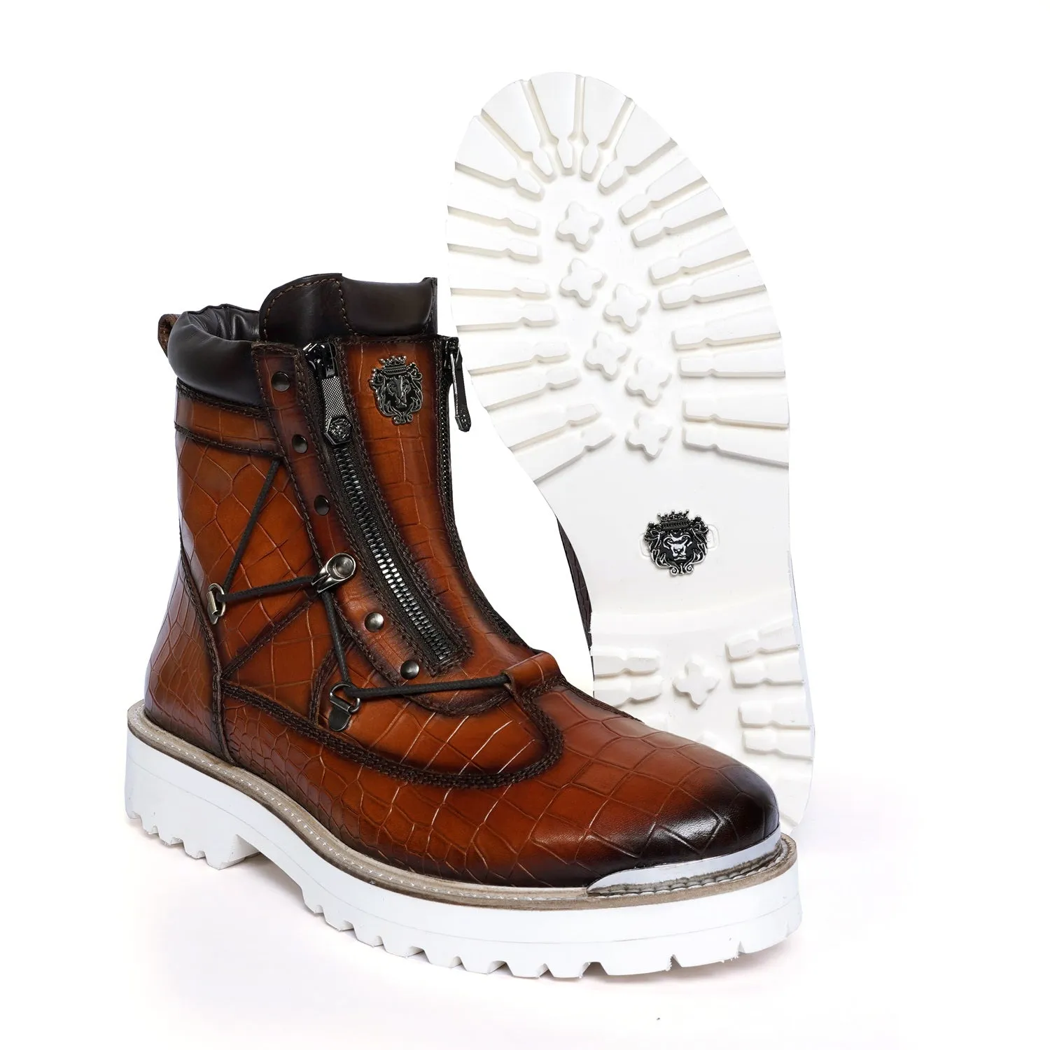 White Sole Chunky Boot in Tan Deep Cut Leather