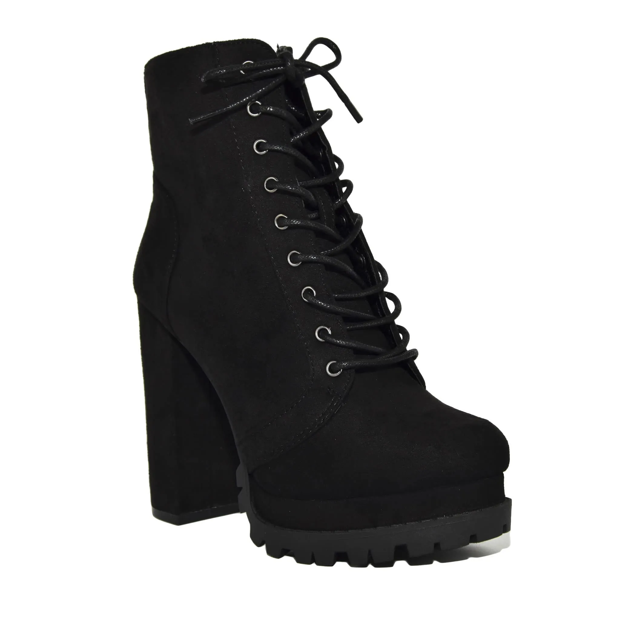 Wild Diva Womens Lace-Up Lug Sole Chunky Block Heel Platform Combat Ankle Booties