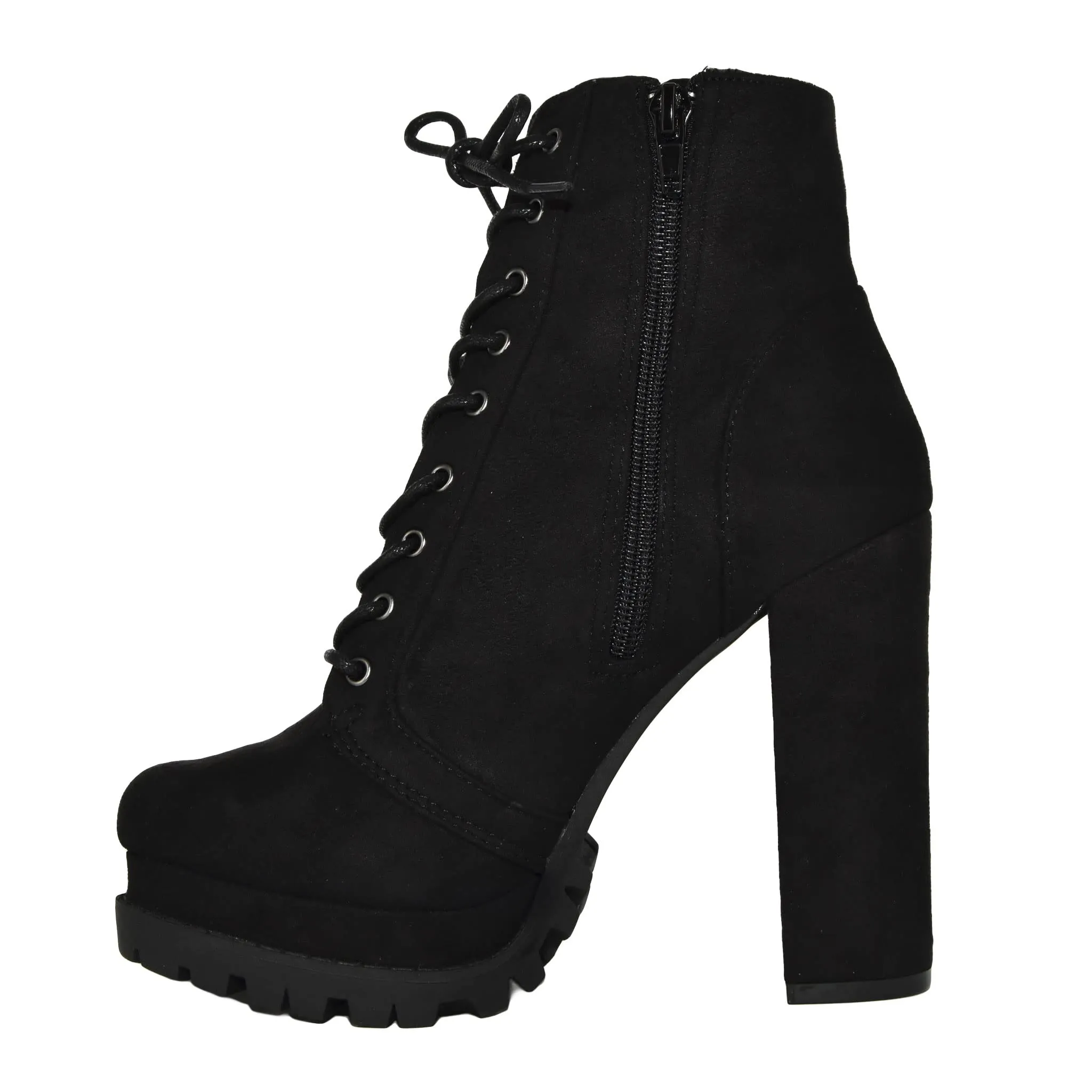 Wild Diva Womens Lace-Up Lug Sole Chunky Block Heel Platform Combat Ankle Booties