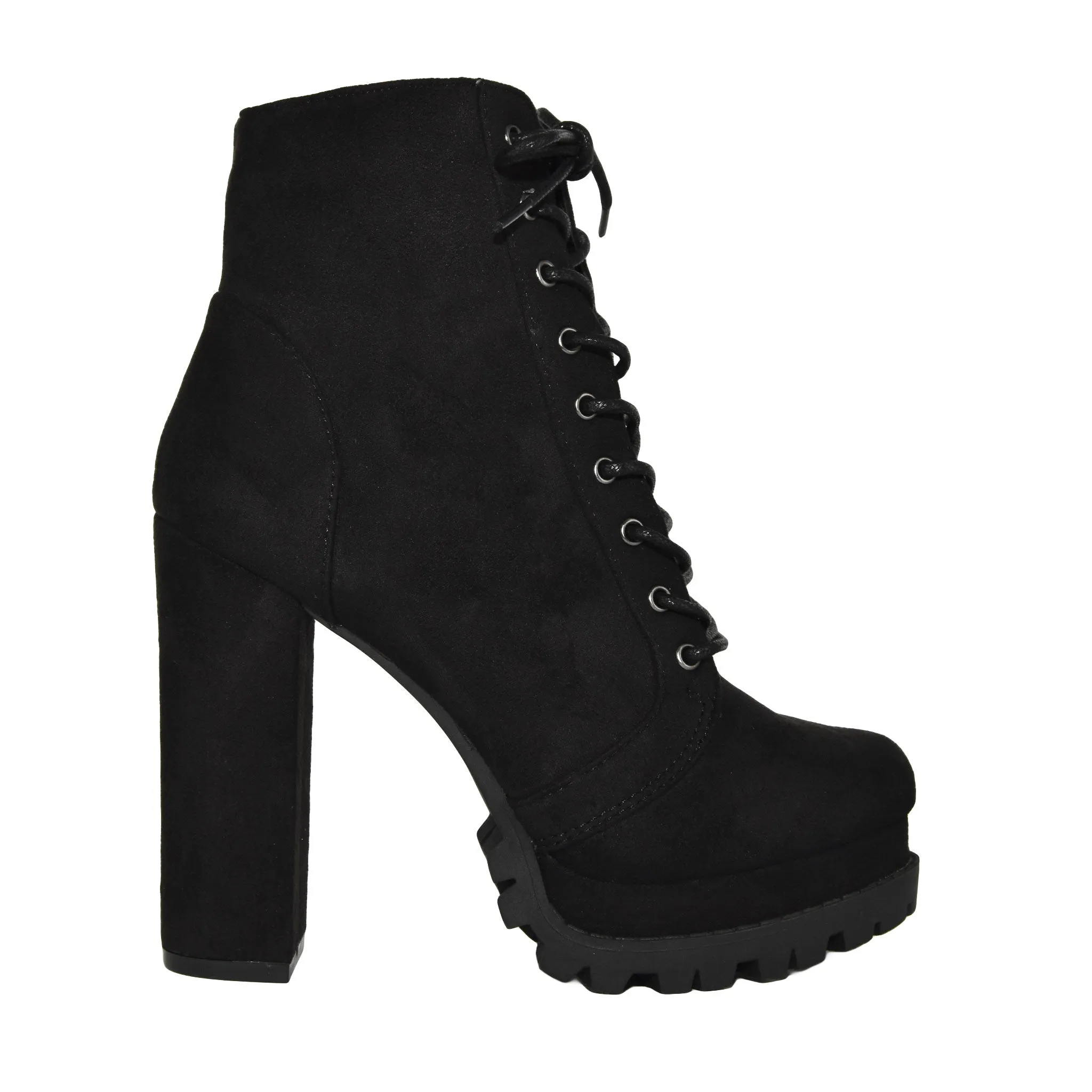 Wild Diva Womens Lace-Up Lug Sole Chunky Block Heel Platform Combat Ankle Booties