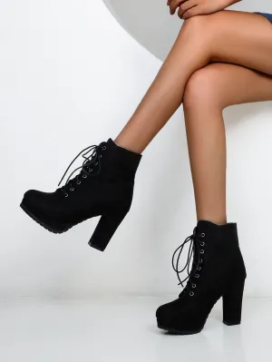 Women Minimalist Lace Up Side Zip Chunky Heeled Combat Boots