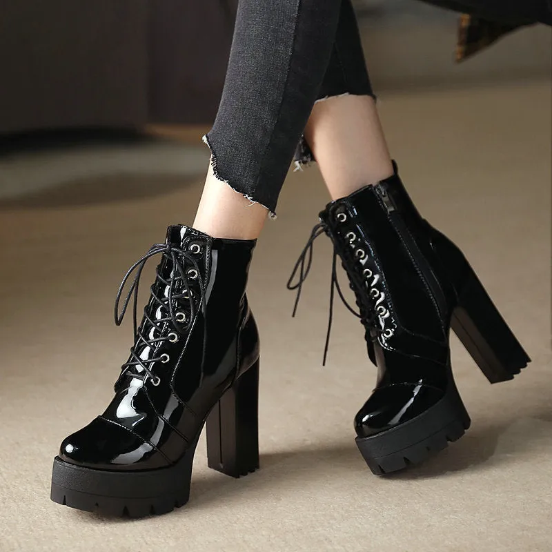 Women platform boots patent leather chunky high heeled booties lace-up