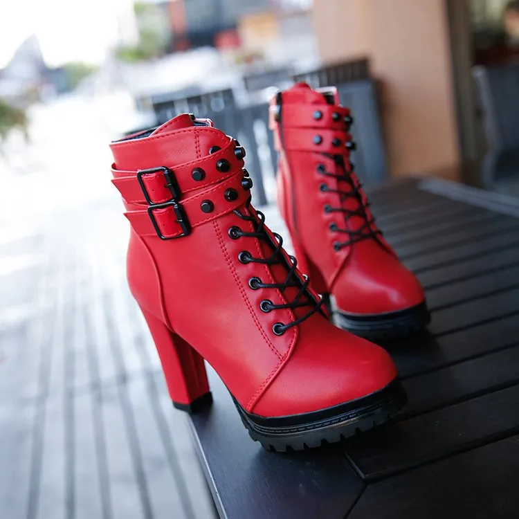 Women platform lace up buckle strap chunky heeled booties